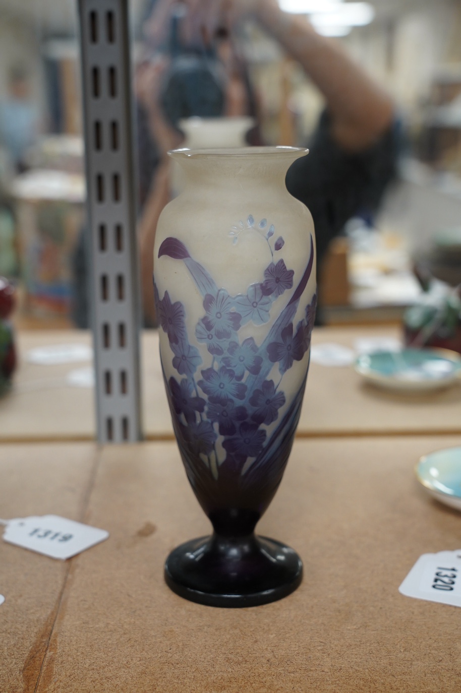 A Gallé tall blue iris vase, 20cm high. Condition - poor to fair, large chip to the rim and some surface scratches